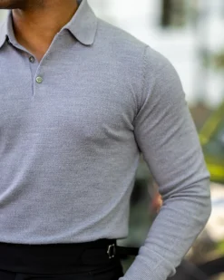 Bellagio Three Button Long Sleeve Merino Polo-Collars & Co Clearance