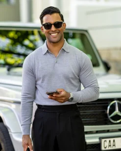 Bellagio Three Button Long Sleeve Merino Polo-Collars & Co Clearance