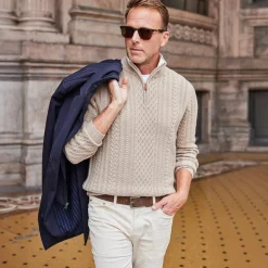 Napoli Cable Knit Quarter Zip Wool & Cashmere Sweater Oatmeal-Collars & Co Best