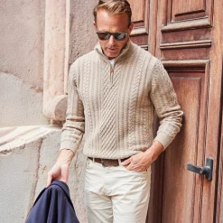 Napoli Cable Knit Quarter Zip Wool & Cashmere Sweater Oatmeal-Collars & Co Best